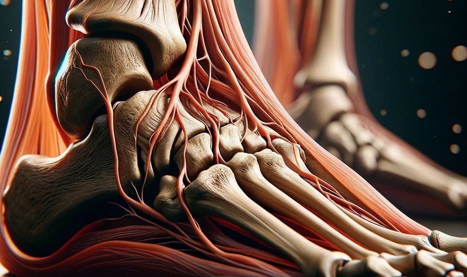 Ilustração 3D da anatomia do pé, ossos, músculos e nervos, sinais de lesão do nervo tibial