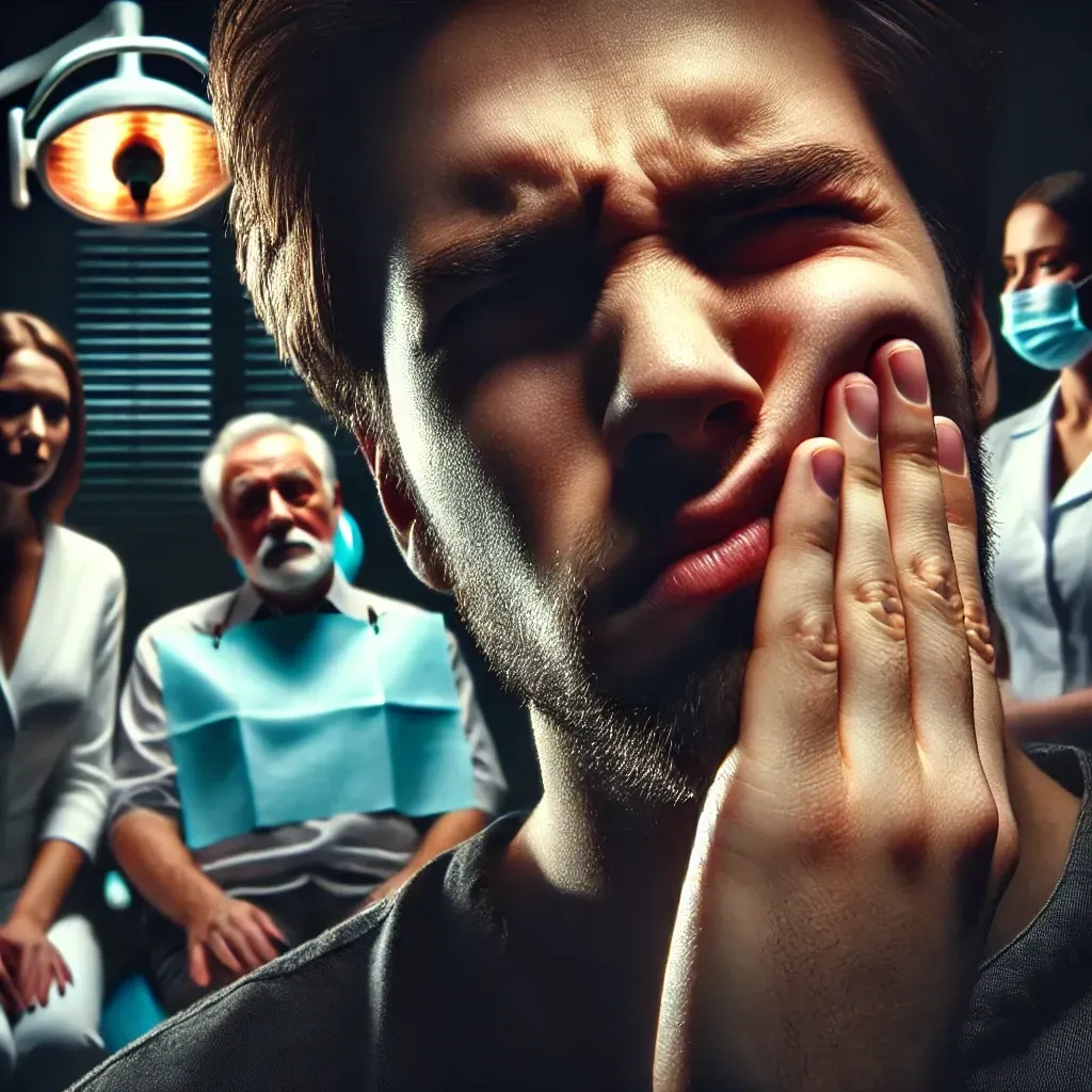 Homem com expressão de dor no rosto em consultório odontológico, dor de dente persistente que a cirurgia não resolveu