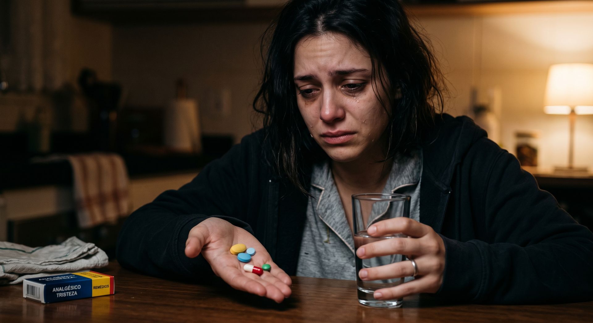 Remédios para dor de cabeça não resolvem. Mulher tentando tomar vários comprimidos para aliviar a cefaleia.
