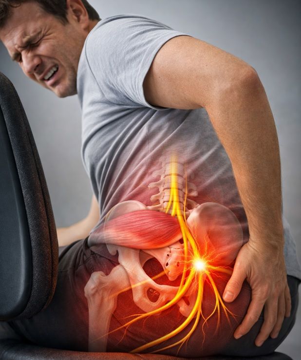 Síndrome do piriforme causando dor ao sentar por compressão do nervo ciático, condição tratada pelo Dr. Thomas Marcolini