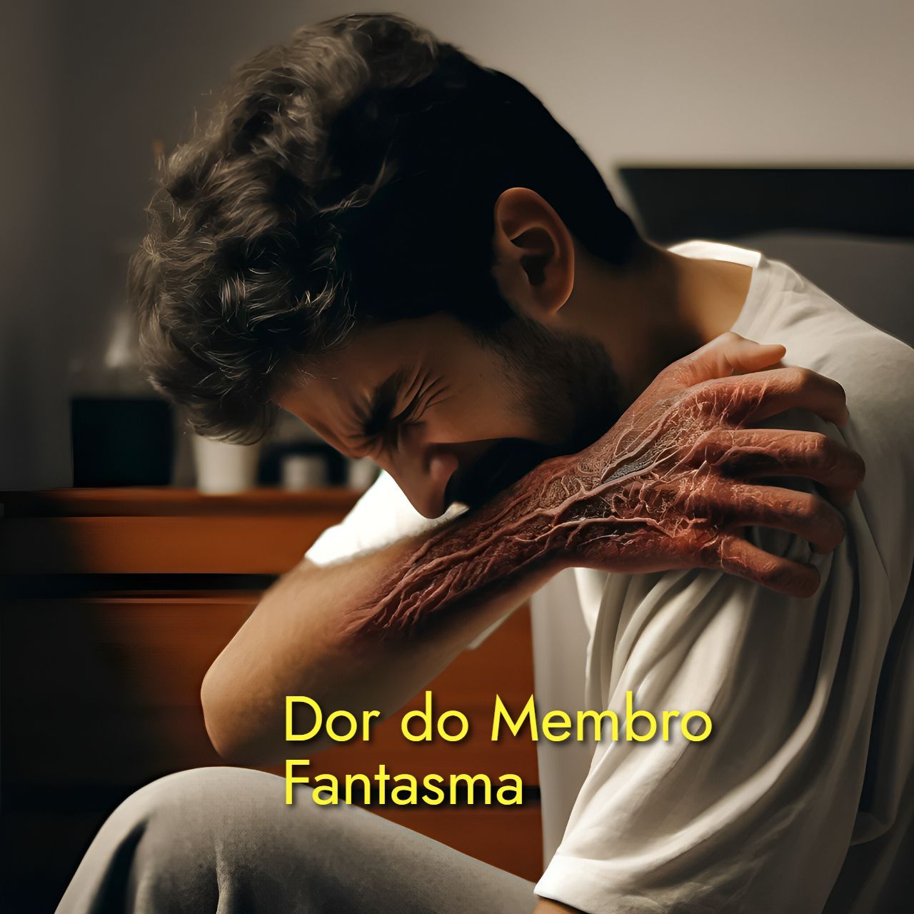 Homem sentado com dor no braço e nervos em destaque, ilustrando a dor do membro fantasma