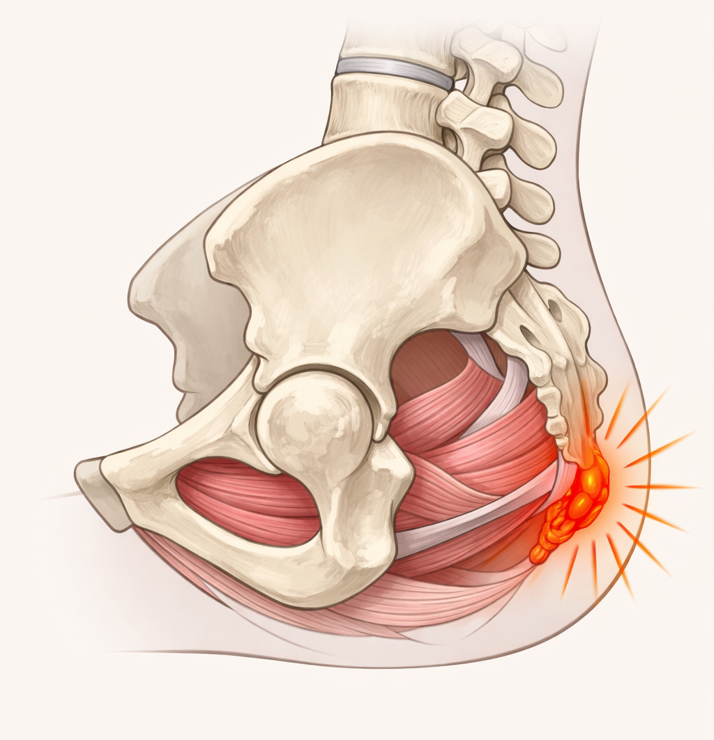 Ilustração da coccidinia, dor no cóccix ligada à compressão do nervo pudendo, condição tratada pelo Dr. Thomas Marcolini