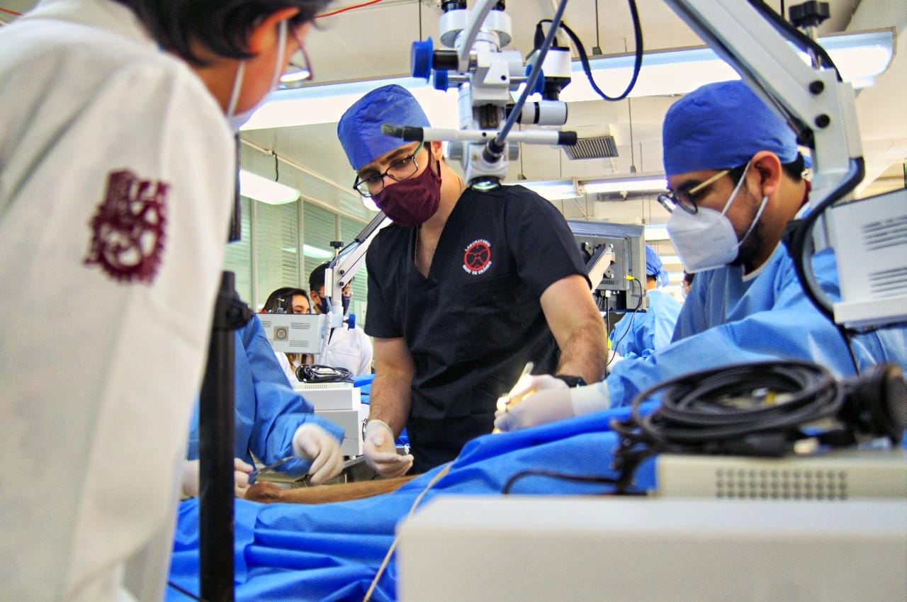 Dr. Thomas Marcolini ensinando técnica de microcirurgia em sala de cirurgia durante curso internacional de plexo braquial