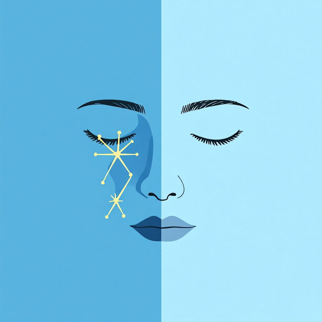 Ilustração de rosto dividido representando a paralisia facial, perda de movimento em um dos lados por lesão do nervo facial