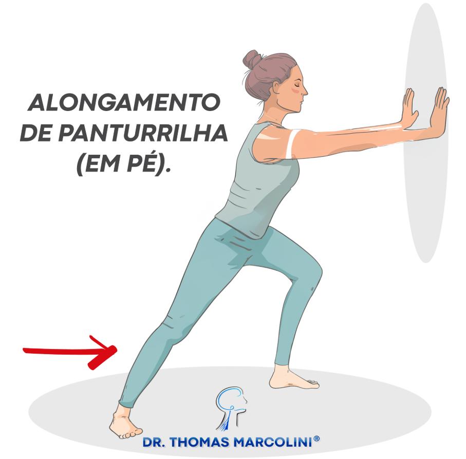 Ilustração de mulher alongando a panturrilha apoiada na parede, exercício para melhorar a síndrome do pé caído