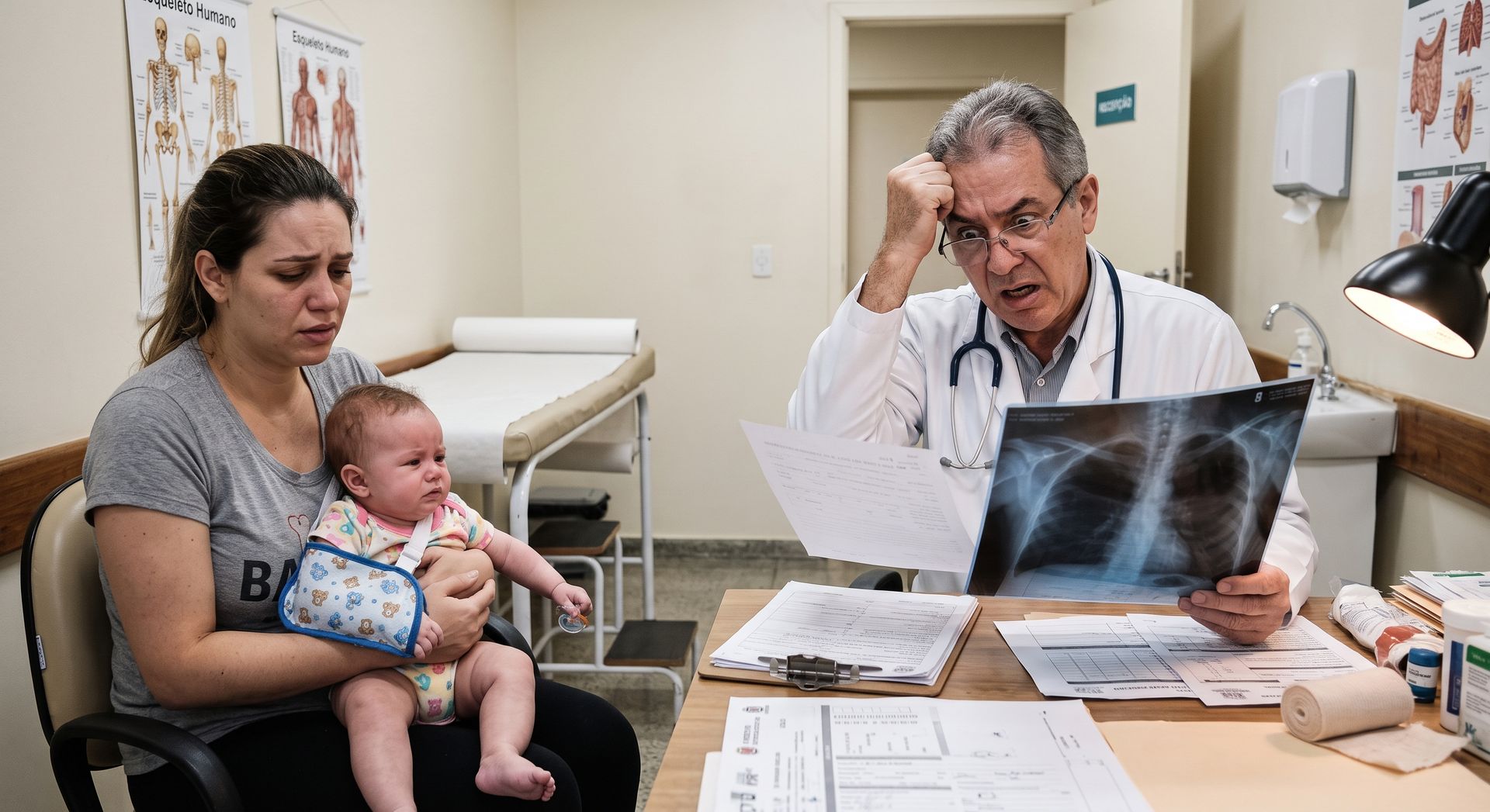 Médico analisando radiografia do bebê durante consulta com a mãe para diagnóstico de paralisia braquial obstétrica