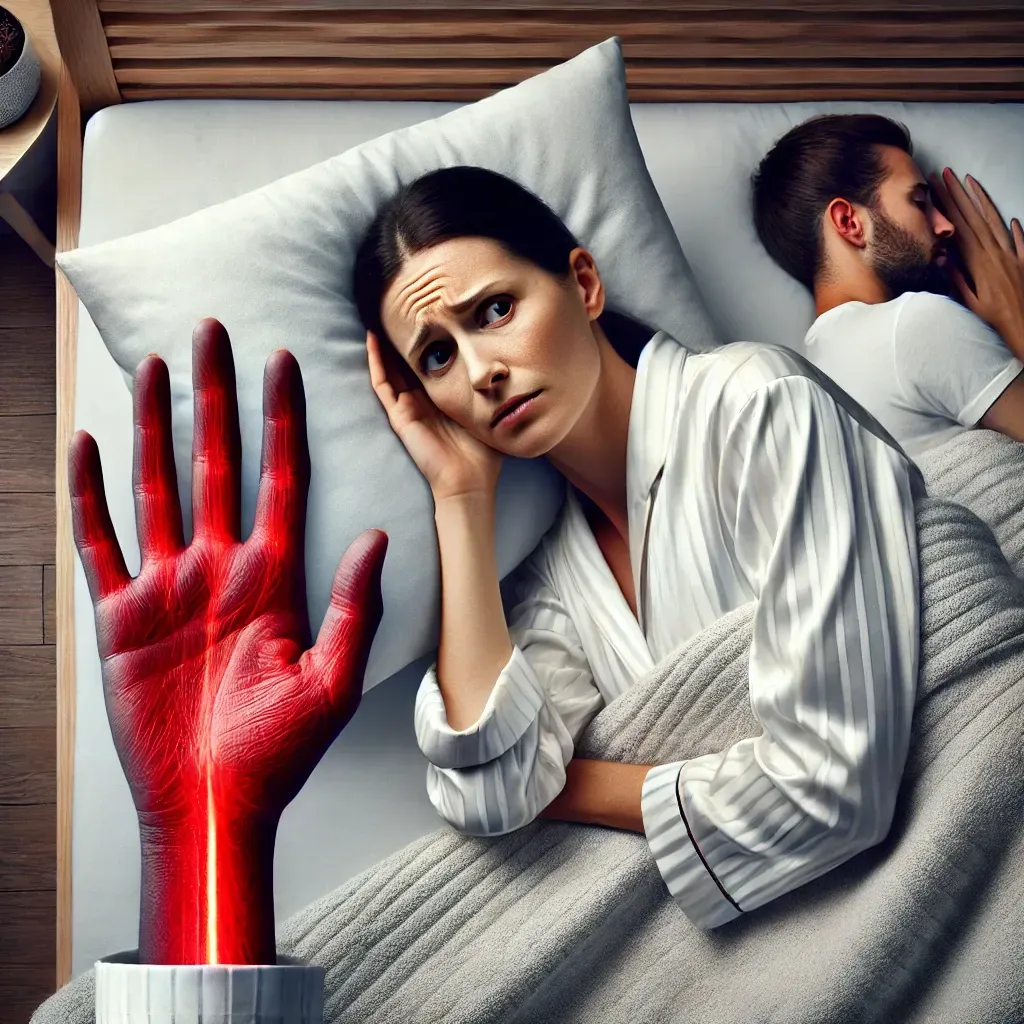Mulher deitada na cama com a mão destacada em vermelho, representando formigamento e queimação causados por compressão de nervo
