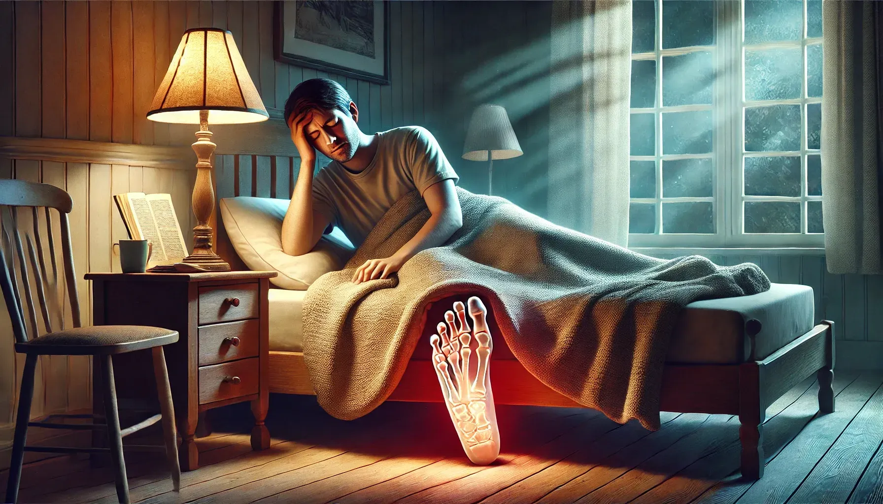 Homem sentado na cama à noite com pé fantasma iluminado, representando a dor do membro fantasma