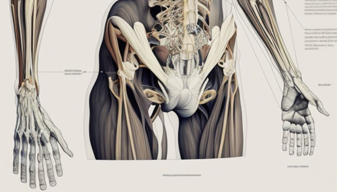 Ilustração anatômica da região pélvica mostrando o ligamento inguinal e o nervo cutâneo femoral lateral