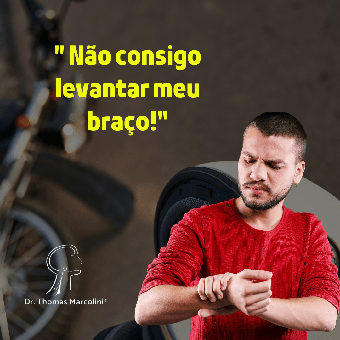 Homem olhando o próprio braço parado, com texto 