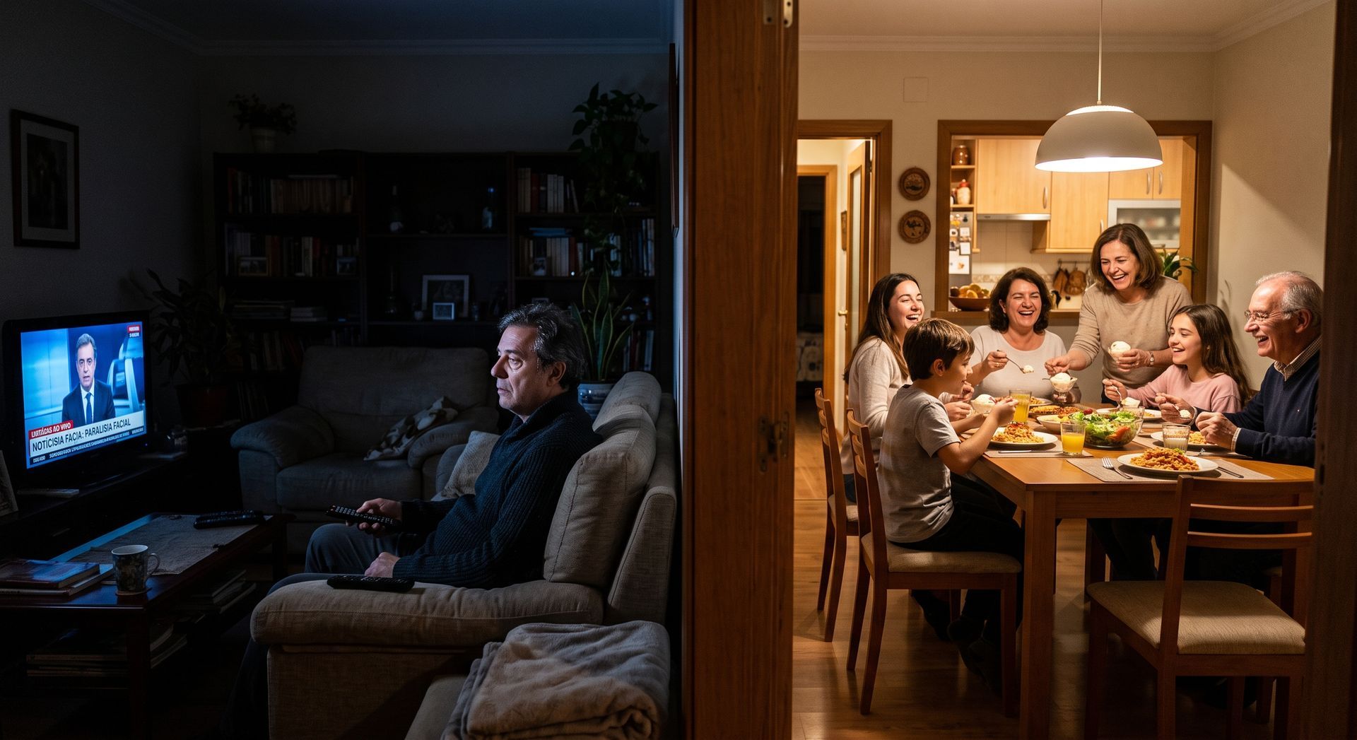 Comparação entre homem isolado assistindo TV sozinho e família reunida jantando, ilustrando o isolamento social causado pela paralisia facial
