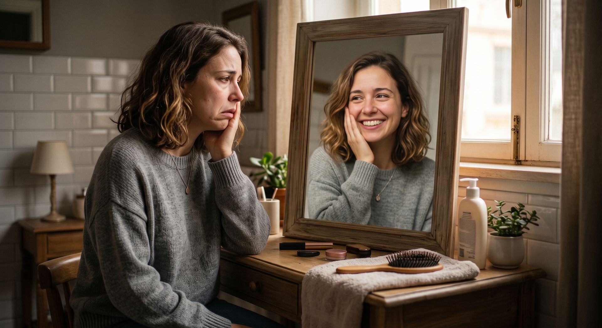 Mulher olhando o próprio reflexo no espelho com expressão triste, representando o impacto emocional da paralisia facial