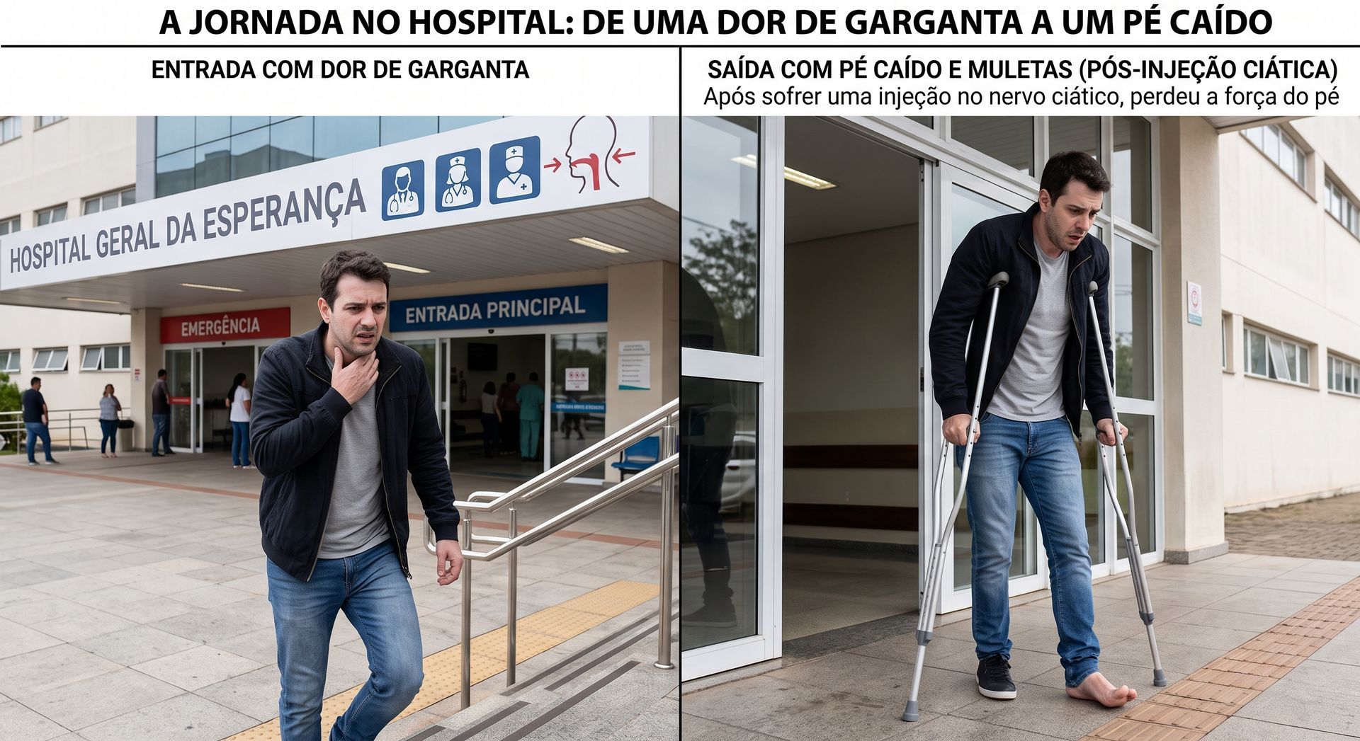 Comparação entre entrada no hospital com dor de garganta e saída com pé caído e muletas após injeção no nervo ciático