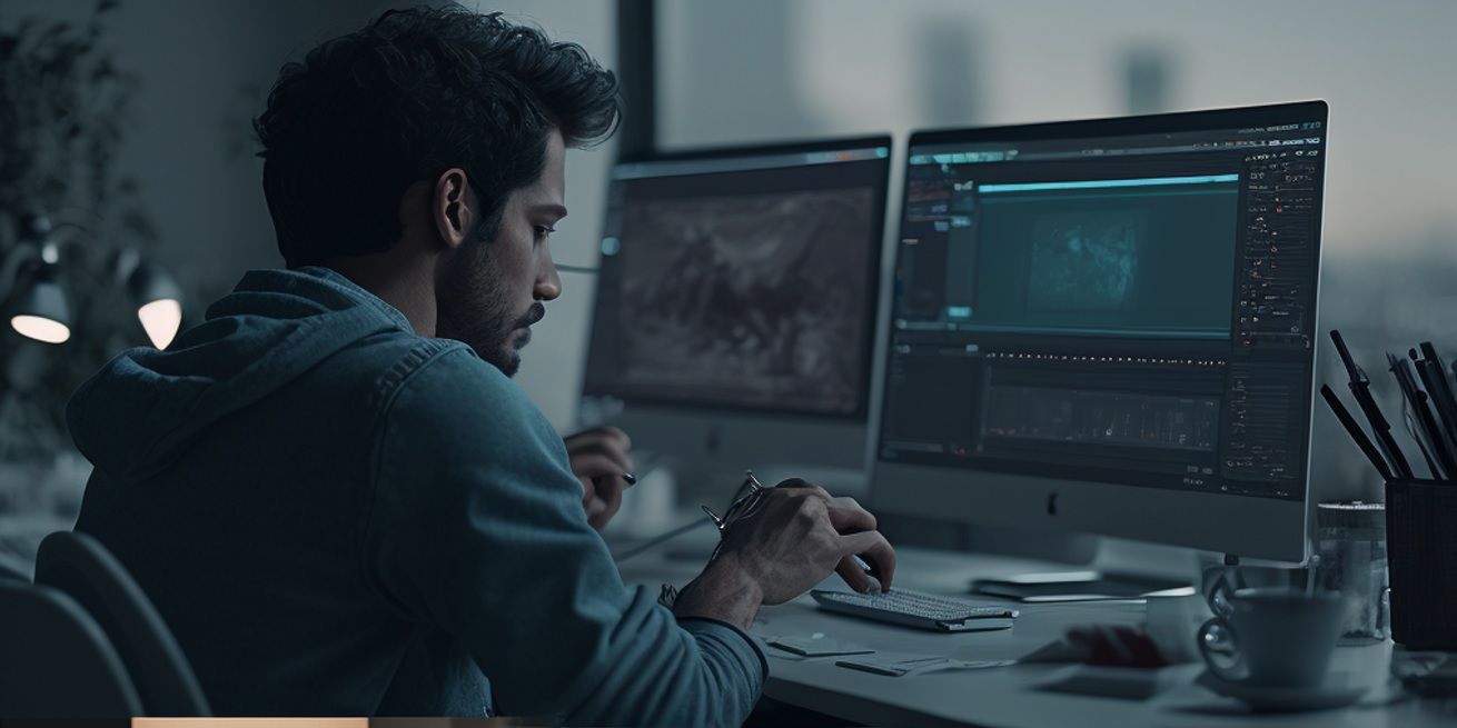 Homem trabalhando curvado no computador, postura errada que agrava a síndrome do desfiladeiro torácico