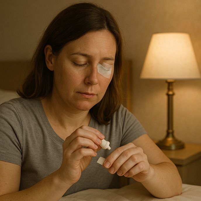 Mulher com paralisia facial usa colírio e mantém curativo no olho para proteger a visão durante o tratamento.