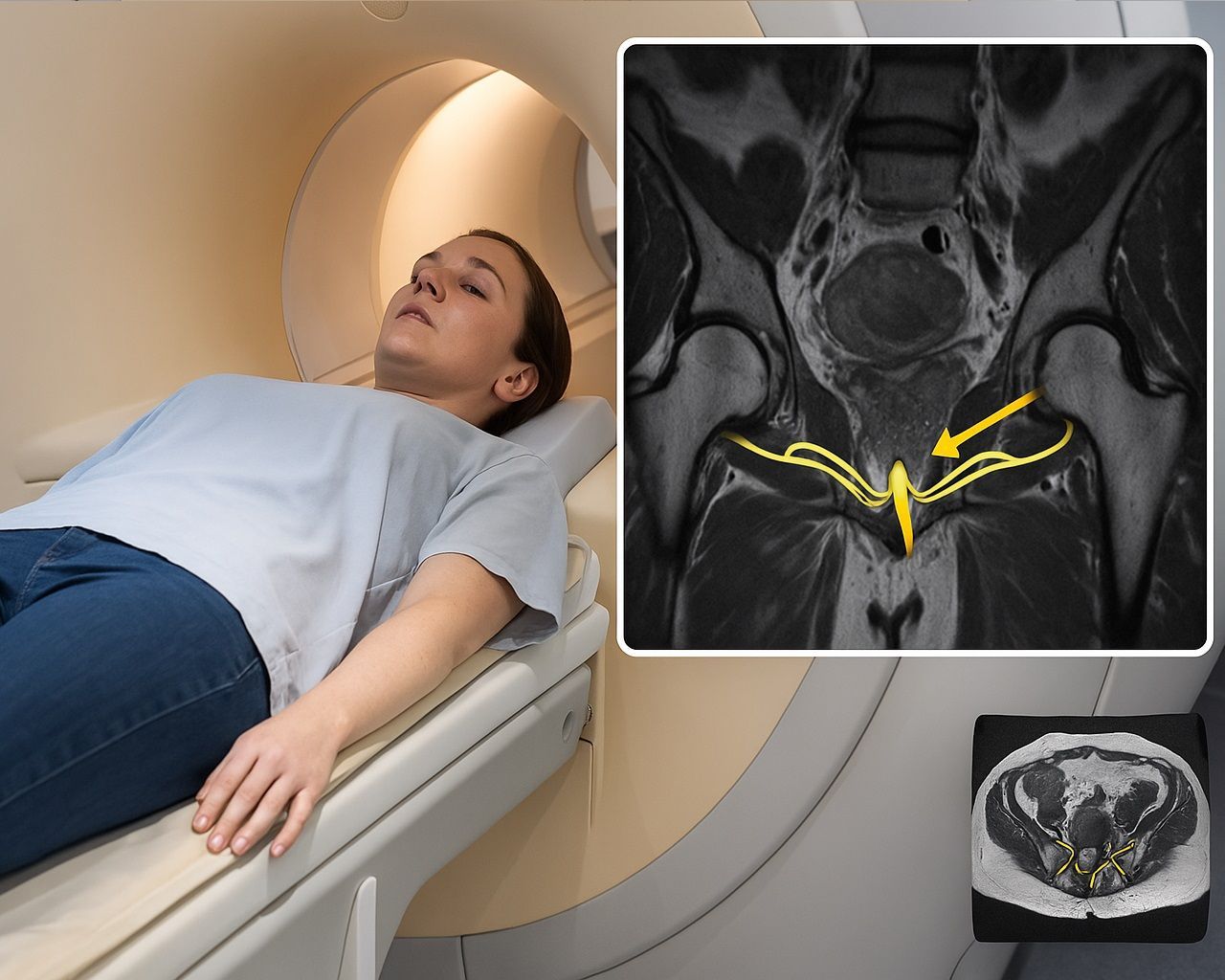 Paciente em ressonância magnética da pelve com destaque para o trajeto do nervo pudendo, exame de diagnóstico da neuralgia do pudendo