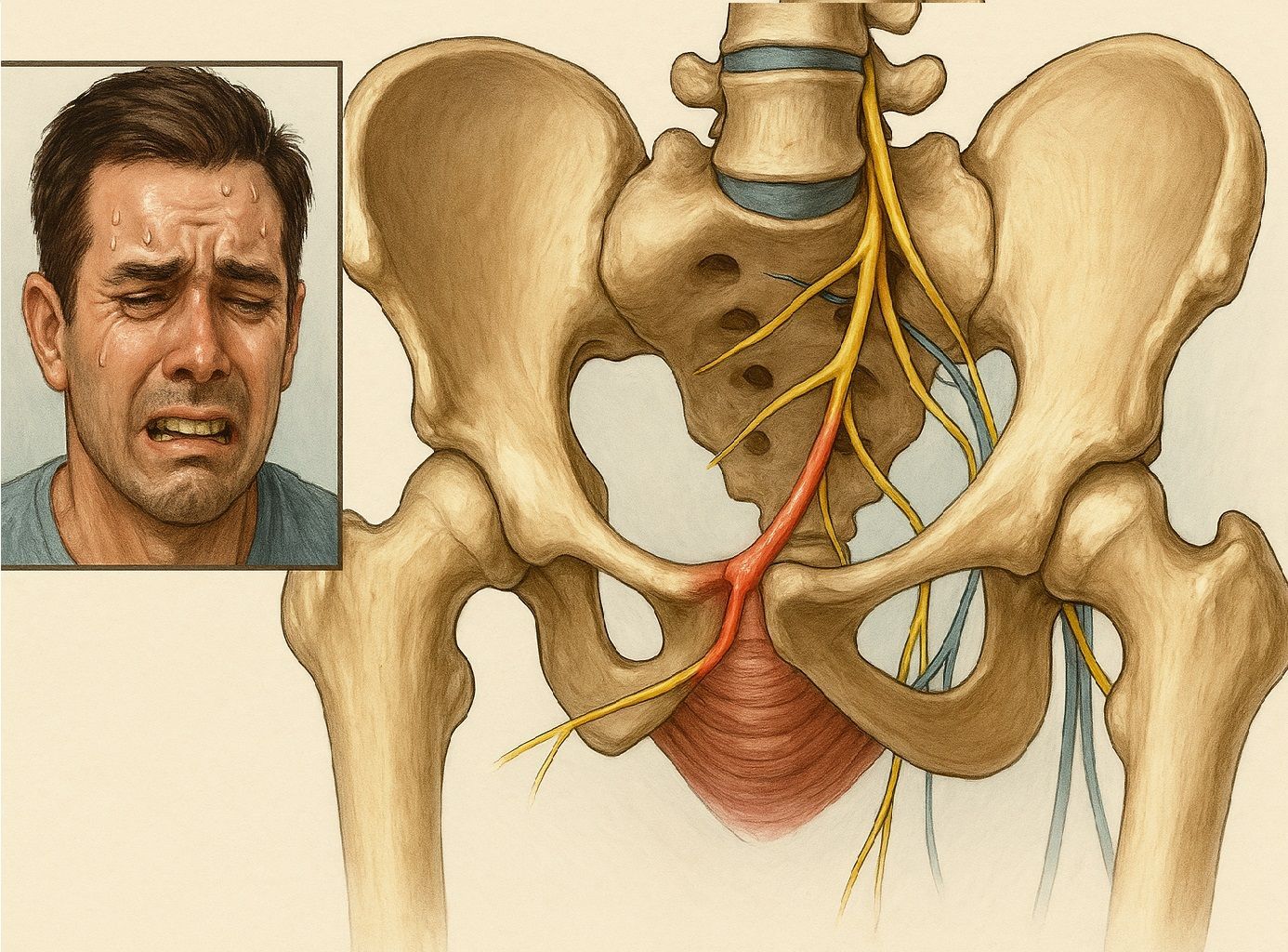 Homem com dor intensa e ilustração anatômica do nervo pudendo na pelve, mostrando a origem da dor na neuralgia do pudendo