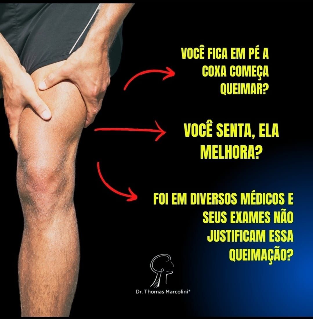 Homem segurando a coxa com dor, com perguntas sobre sintomas de queimação da meralgia parestésica