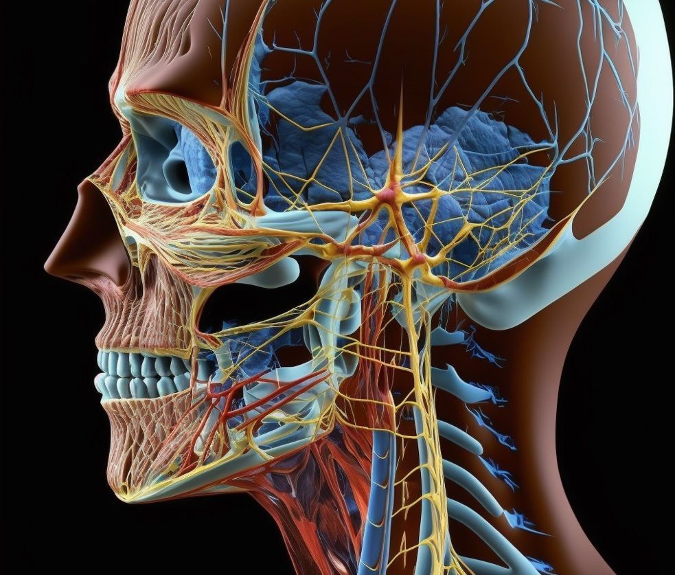 Ilustração 3D anatômica da cabeça e pescoço mostrando nervos, vasos e músculos relacionados à paralisia facial