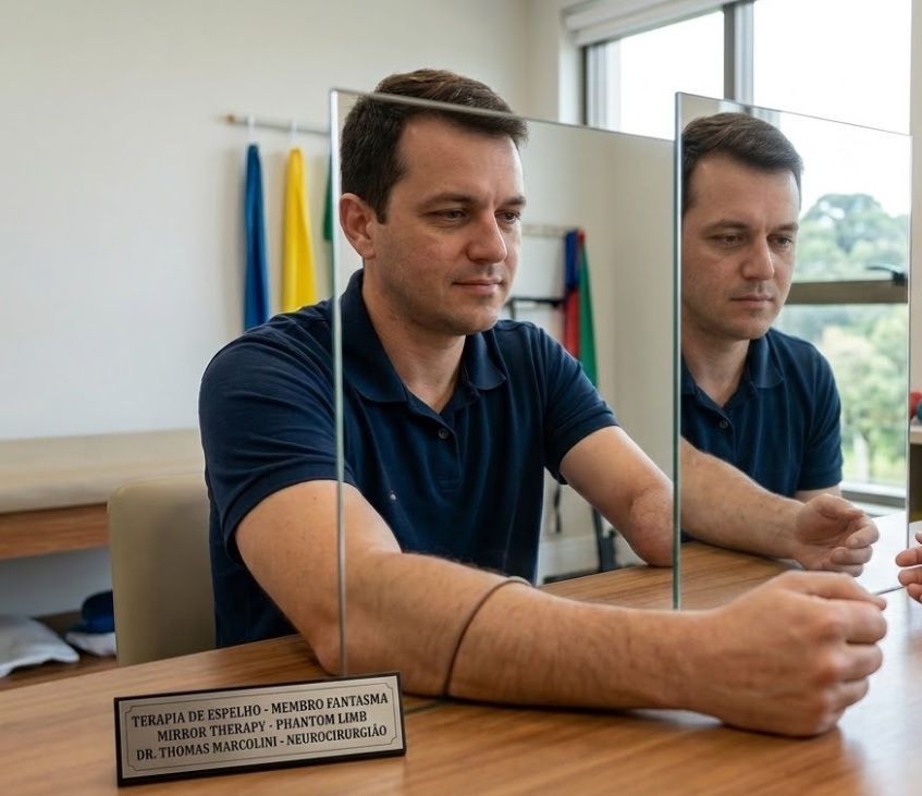 Homem realizando terapia do espelho para dor de membro fantasma, técnica de reabilitação para enganar o cérebro e reduzir a dor neuropática.