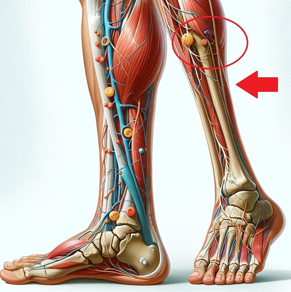 Ilustração anatômica da perna com seta indicando ponto de compressão do nervo tibial na panturrilha