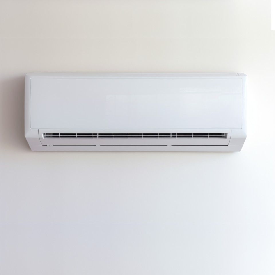 White wall-mounted air conditioner on a plain white wall.