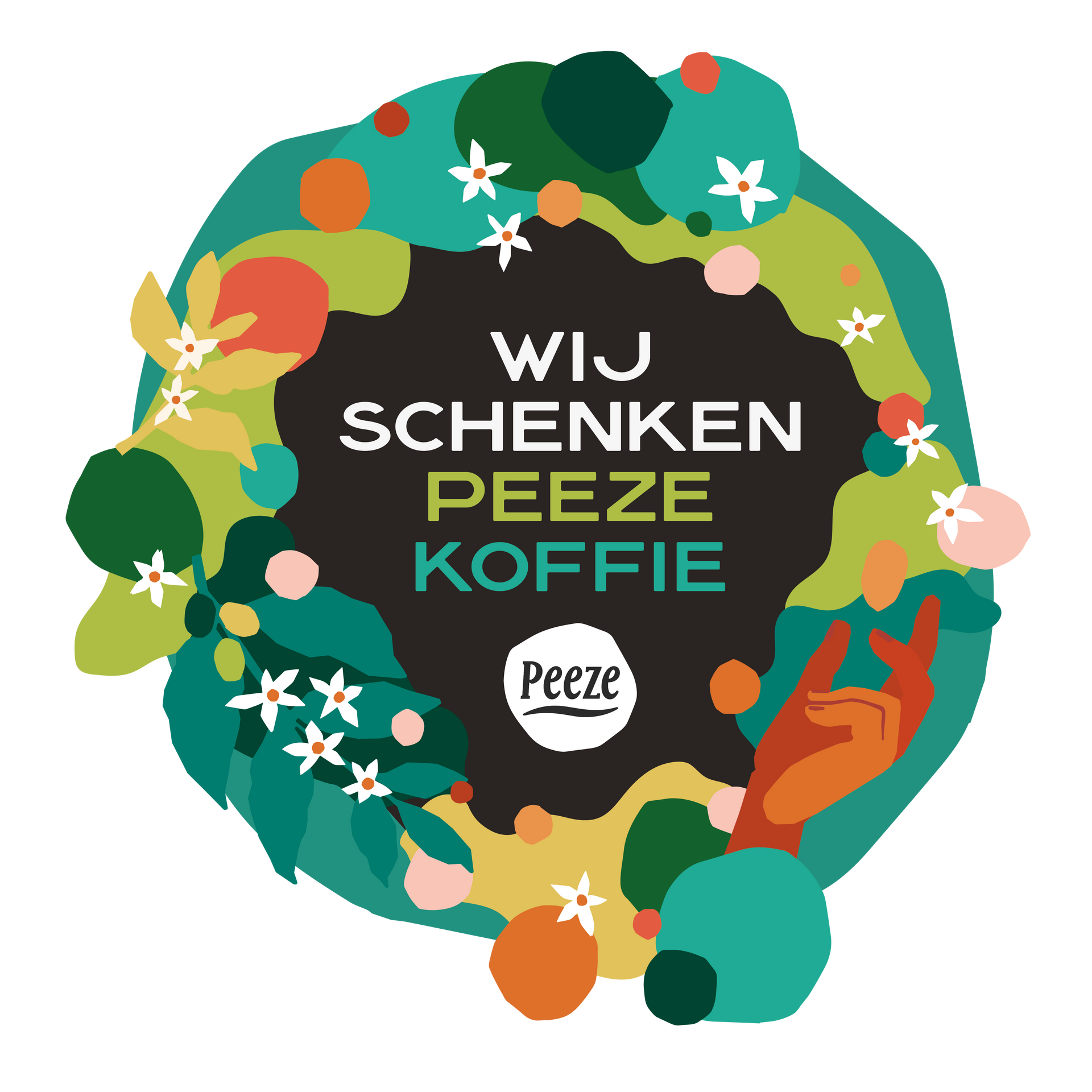Groene feestelijke kring met tekst “WIJ SCHENKEN PEEZE KOFFIE” en Peeze-logo in het midden