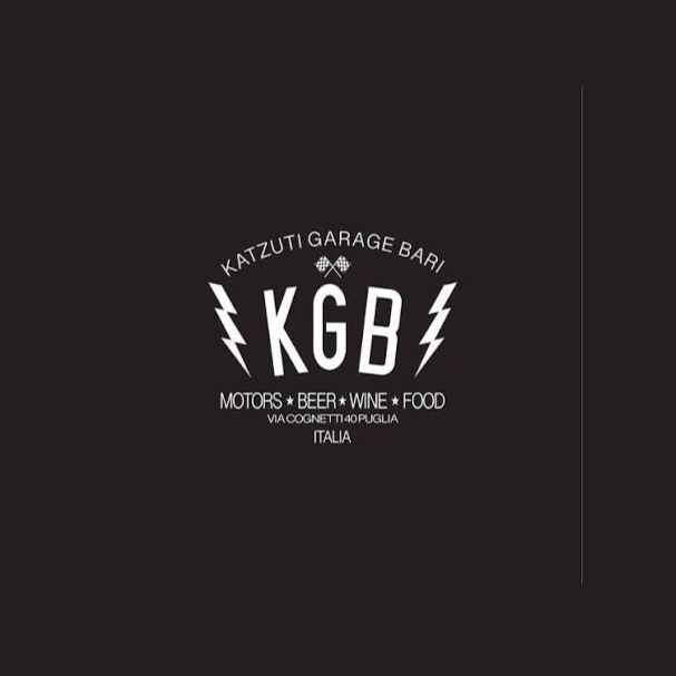 Logo nero per KGB Bar con testo bianco, fulmini e la scritta 
