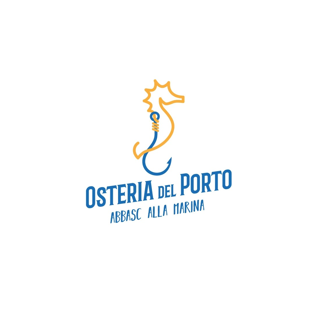 Logo for Osteria del Porto Ristorante alla Marina with blue and orange seahorse emblem