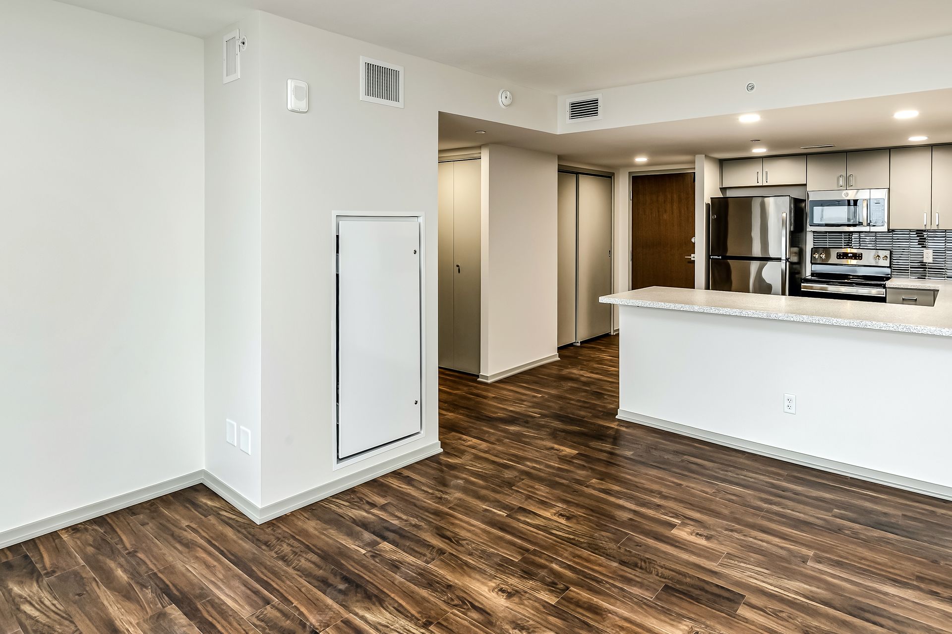 Empty modern apartment living area with dark wood floors, white walls, and open kitchen counter