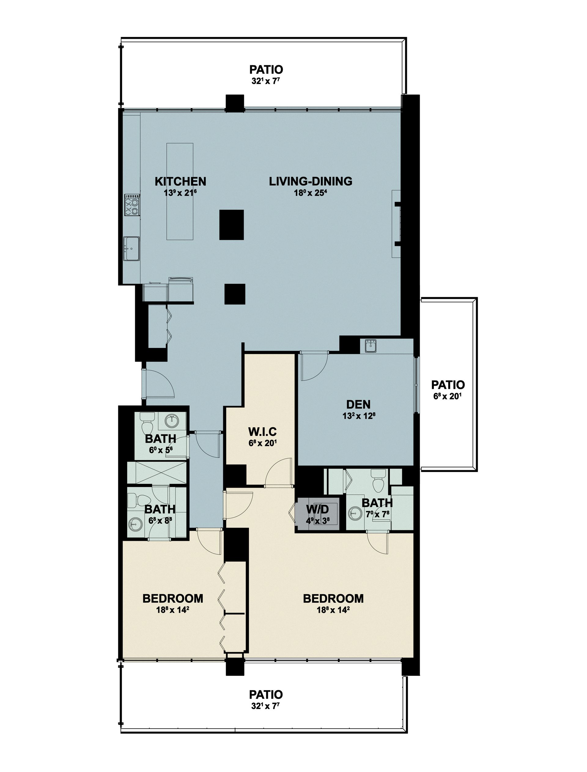 House floor plan showing living room, kitchen, bedrooms, bathrooms, and patio.