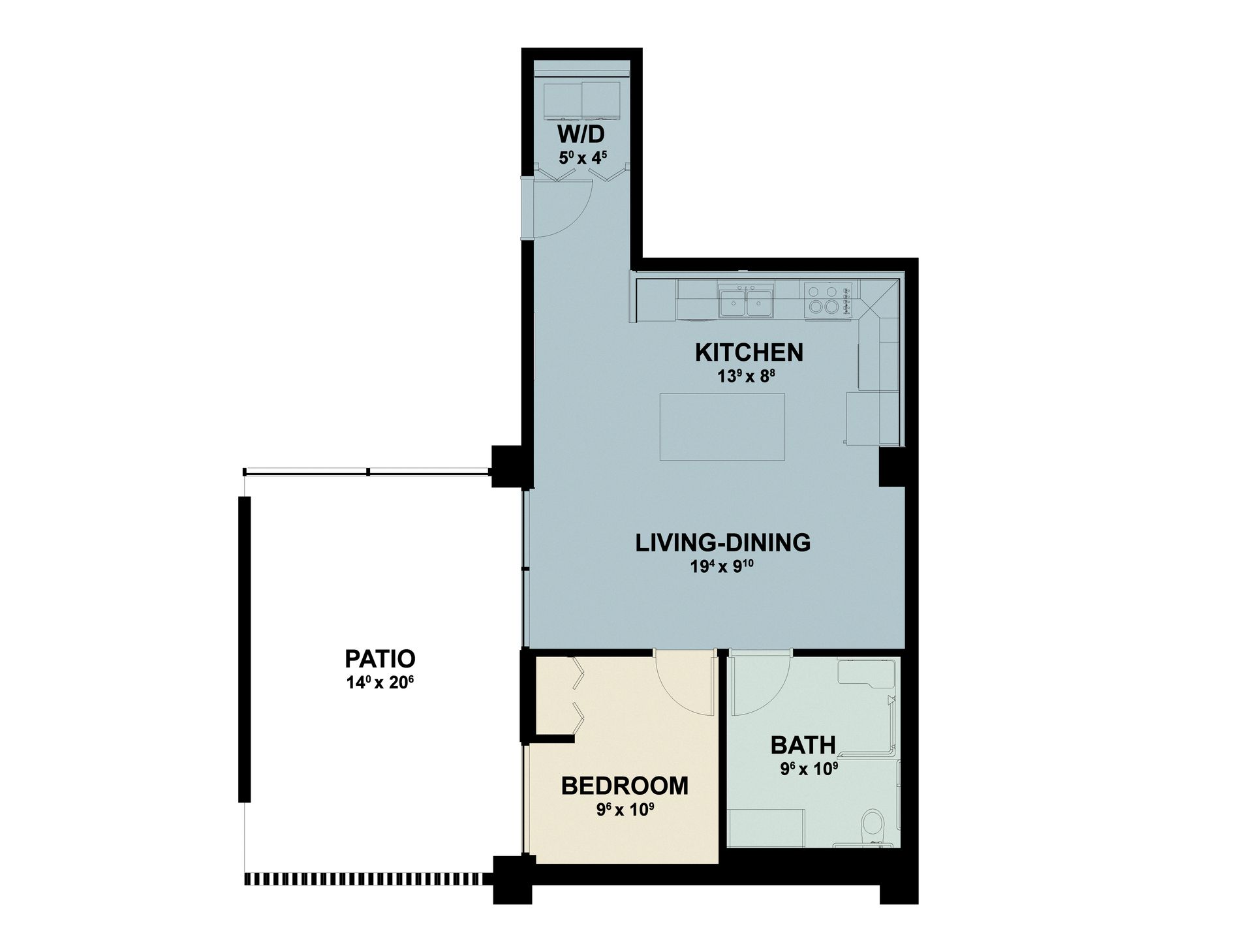 Small apartment floor plan with living/dining area, bedroom, kitchen, bath, and outdoor patios in light blue and beige.