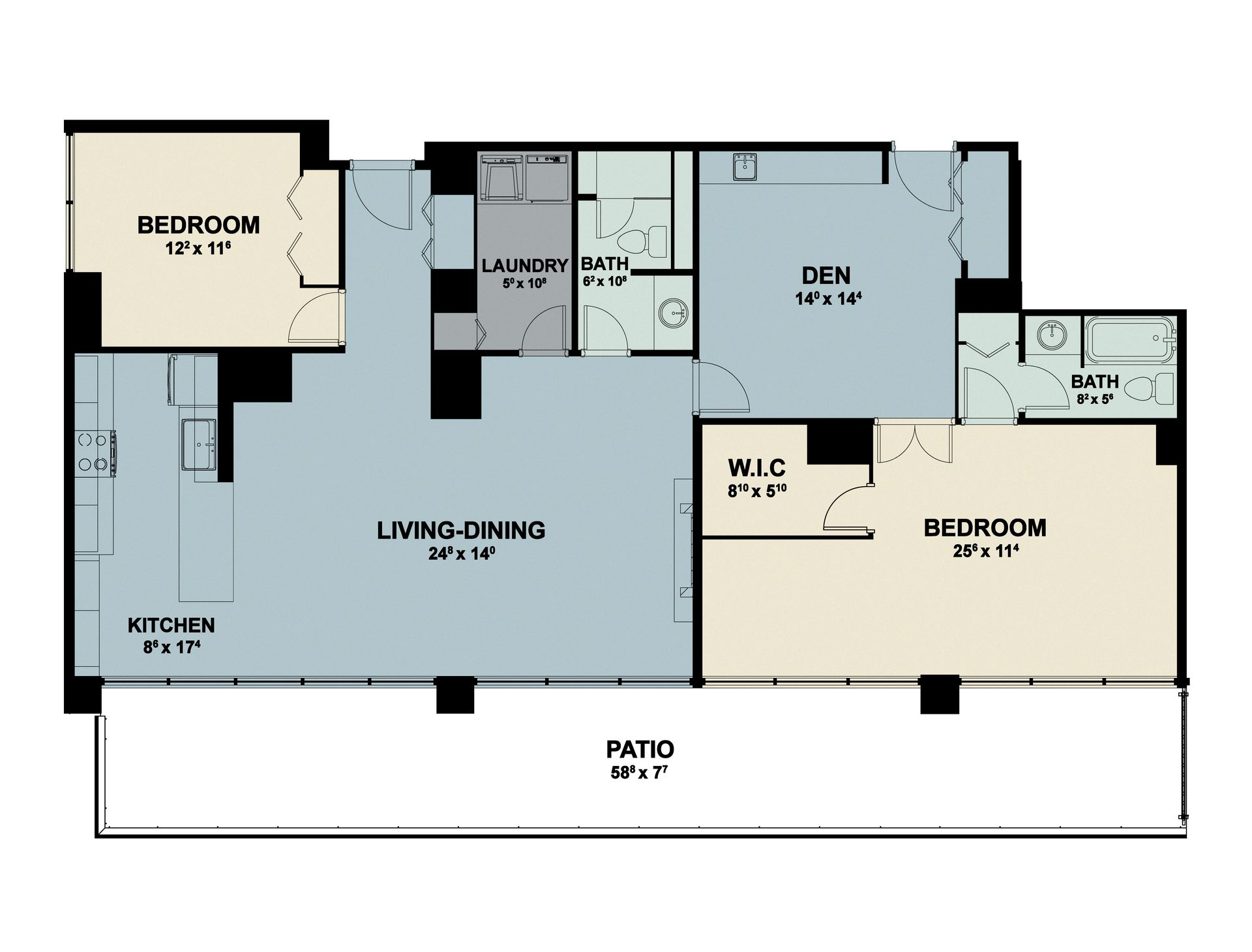 Apartment floor plan with living-dining area, two bedrooms, den, two baths, kitchen, and patio.