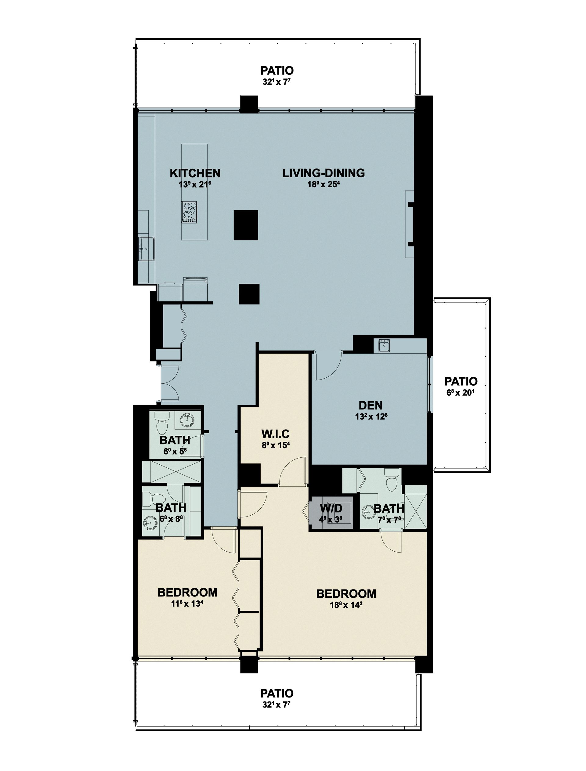 Floor plan of a home with labeled rooms and outdoor patio areas, shown in light blue and beige.