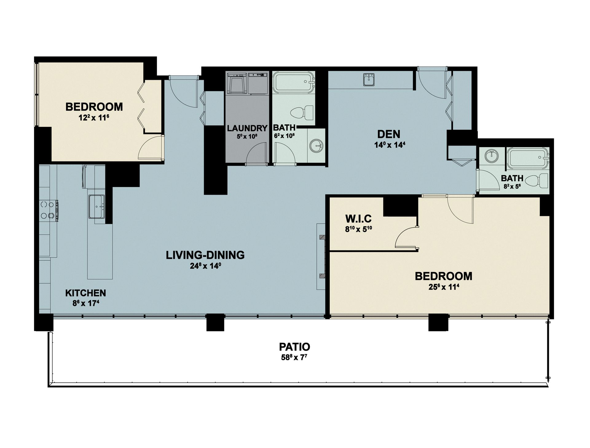Floor plan of a small apartment with kitchen, living-dining area, bedroom, bath, den, retreat, and patio.