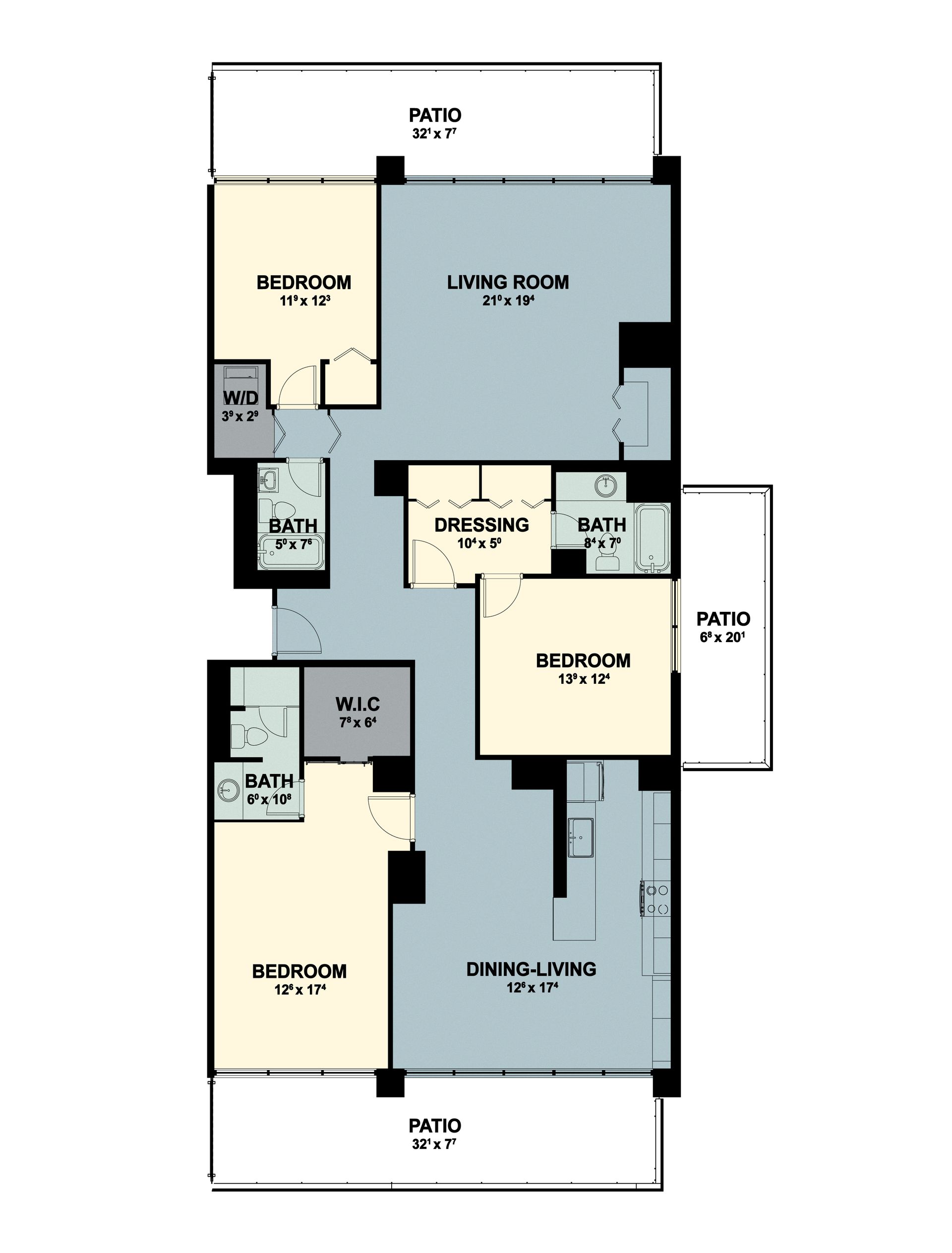 Apartment floor plan with living room, kitchen, bedrooms, baths, and patio labeled.