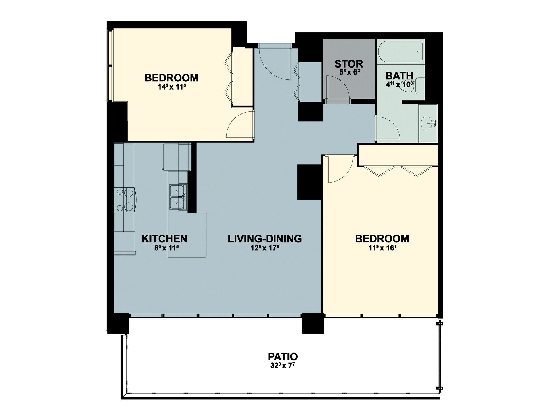 Apartment floor plan with 2 bedrooms, kitchen, living-dining area, bath, storage, and patio.