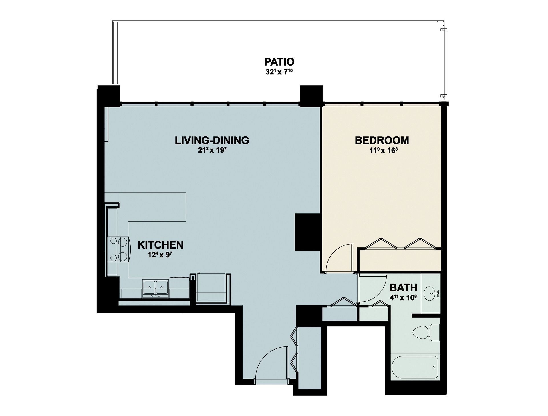 Floor plan of a small apartment with bedroom, bath, kitchen, living/dining area, and patio.