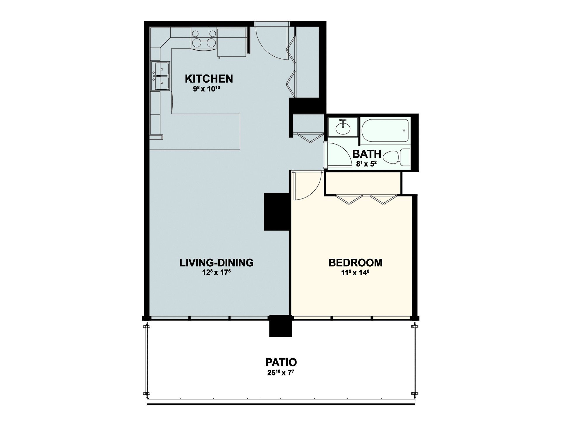 Floor plan of a one-bedroom apartment with kitchen, living-dining area, bath, and patio.