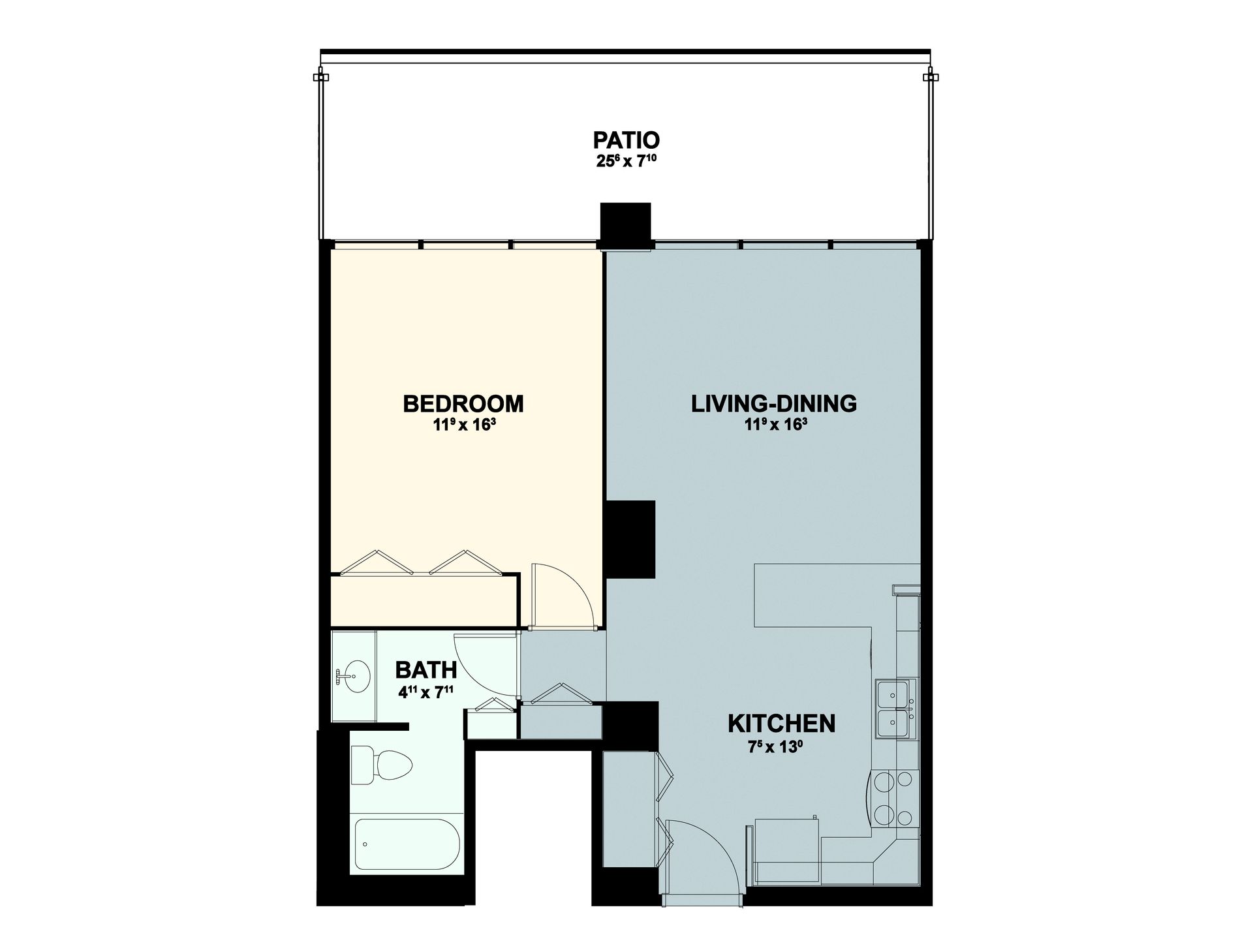 Apartment floor plan with kitchen, living room, bedroom, bath, and patio labeled.