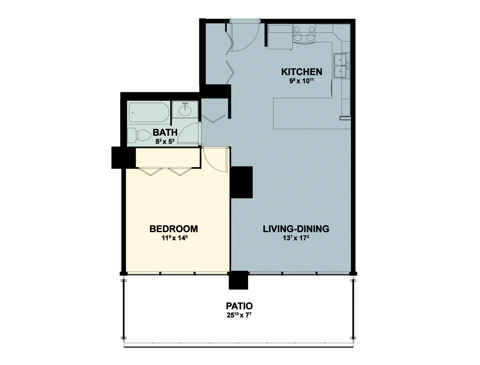 Apartment floor plan with bedroom, bath, living-dining, kitchen, and patio areas.