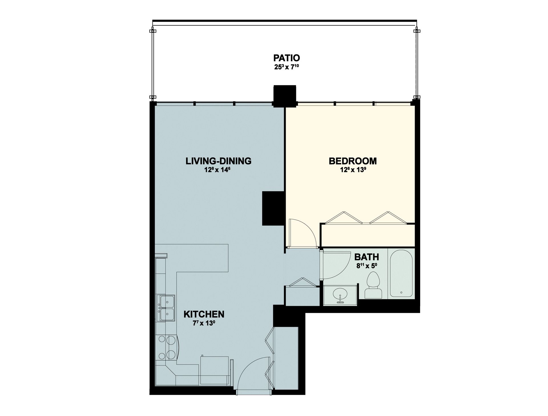 Floor plan of a small apartment with patio, kitchen, living/dining area, bedroom, bathroom, and two closets.