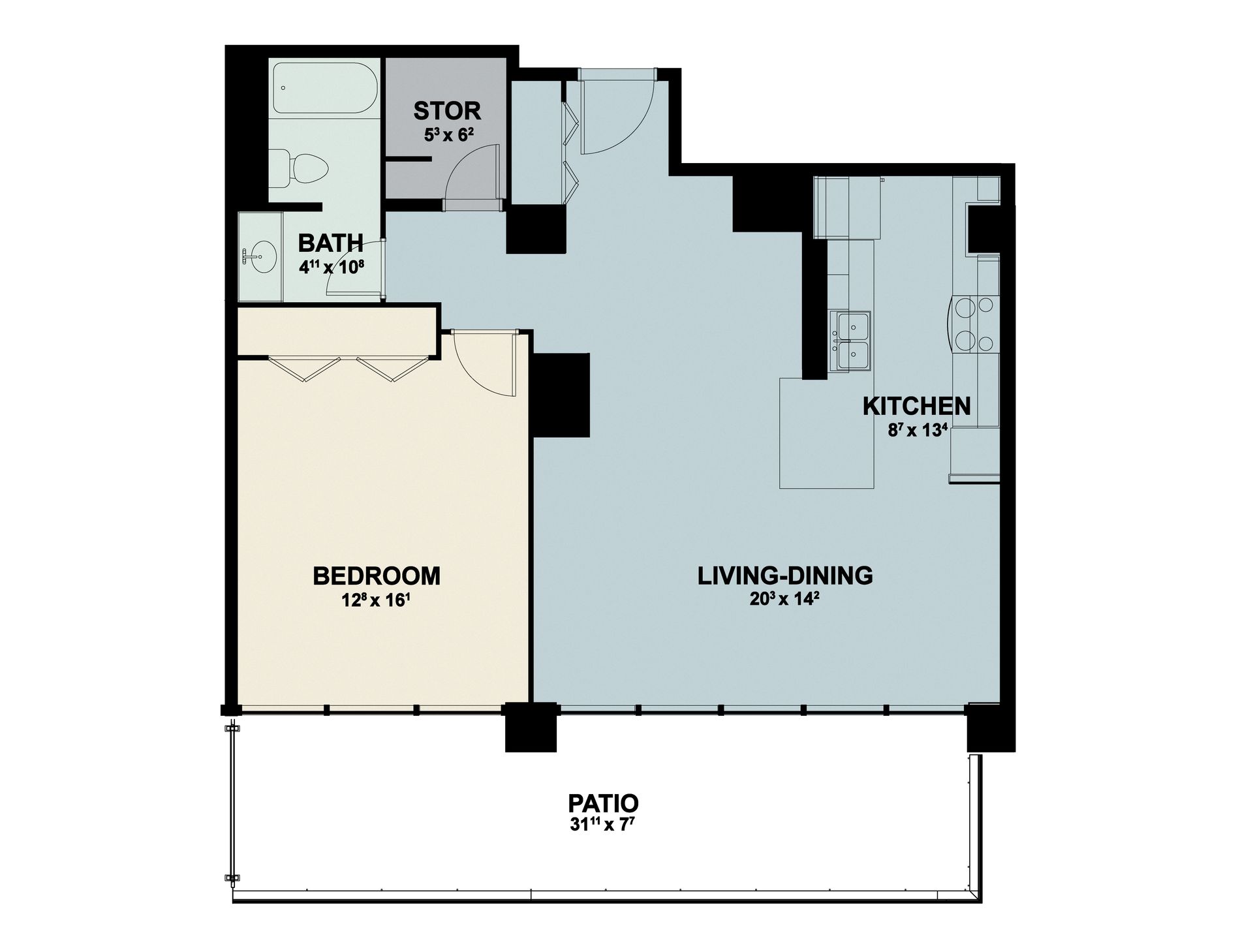 Black-and-white apartment floor plan with living/dining, kitchen, bedroom, bath, and patio labeled