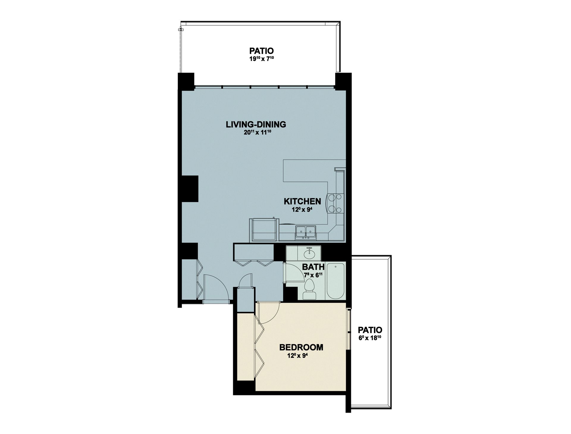 Floor plan of a small apartment with kitchen, living/dining room, bath, random room, and patio.