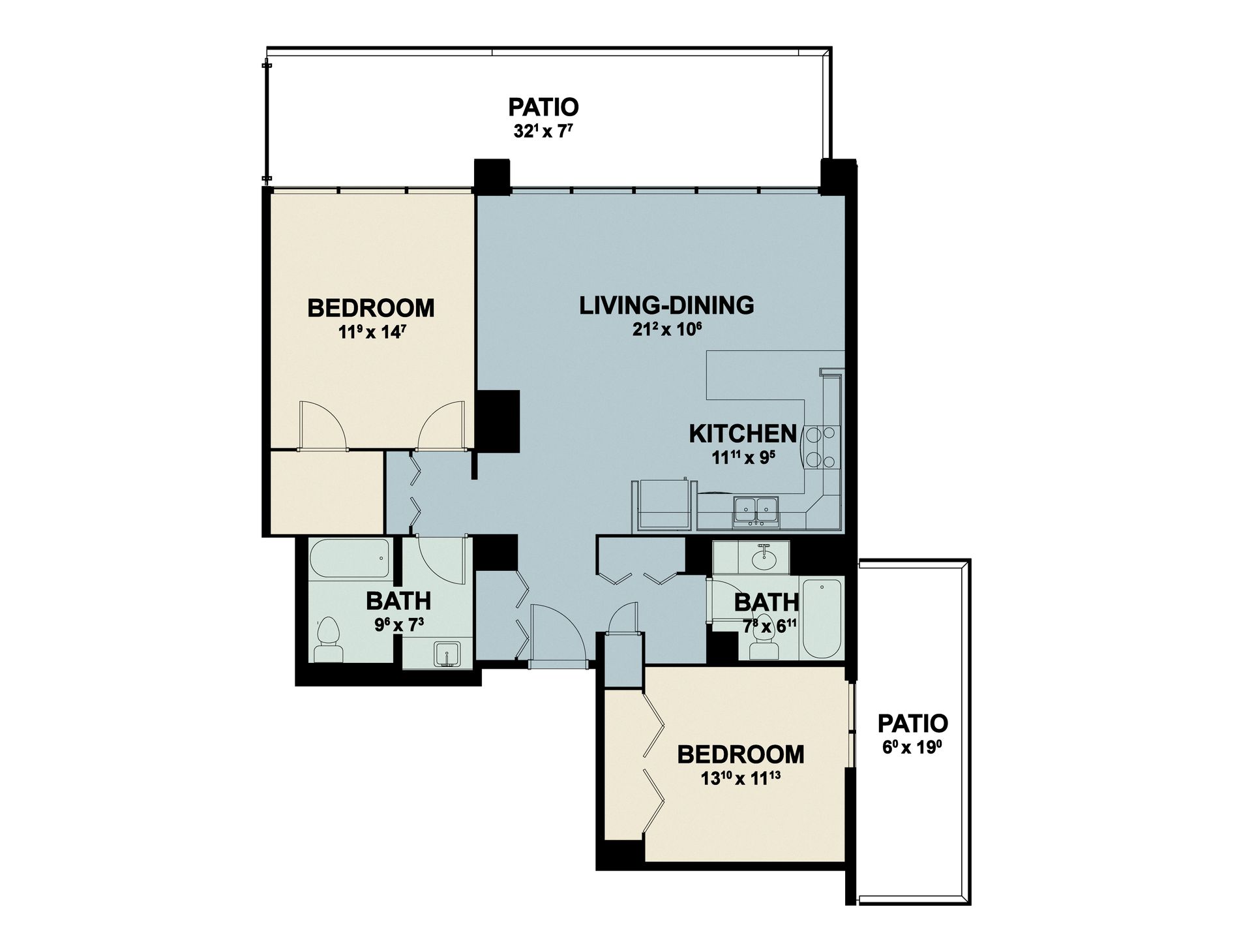 Apartment floor plan with living/dining, kitchen, bedroom, bath, and two patios.
