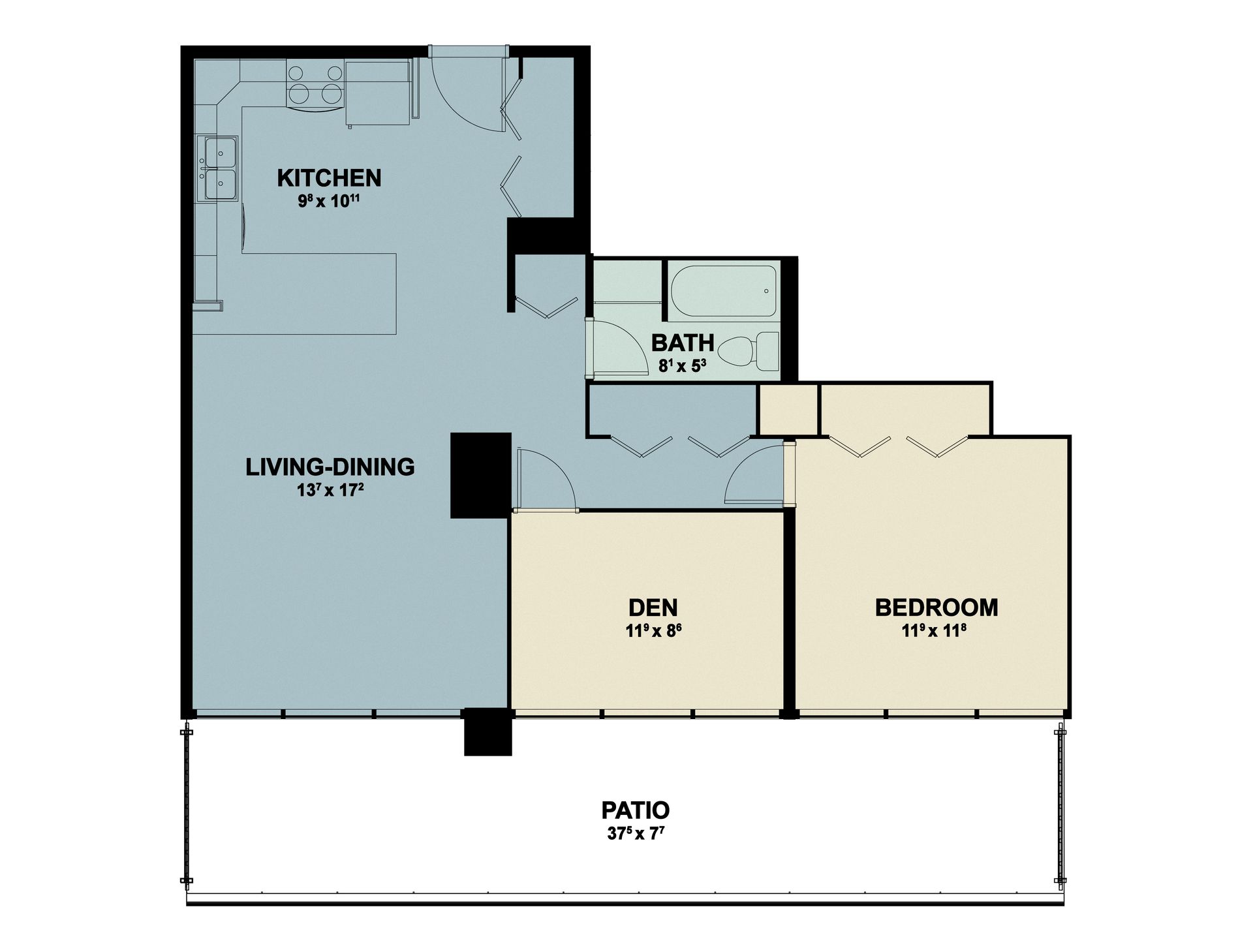 Floor plan of a small apartment with kitchen, living/dining, bath, two bedrooms, and patio.