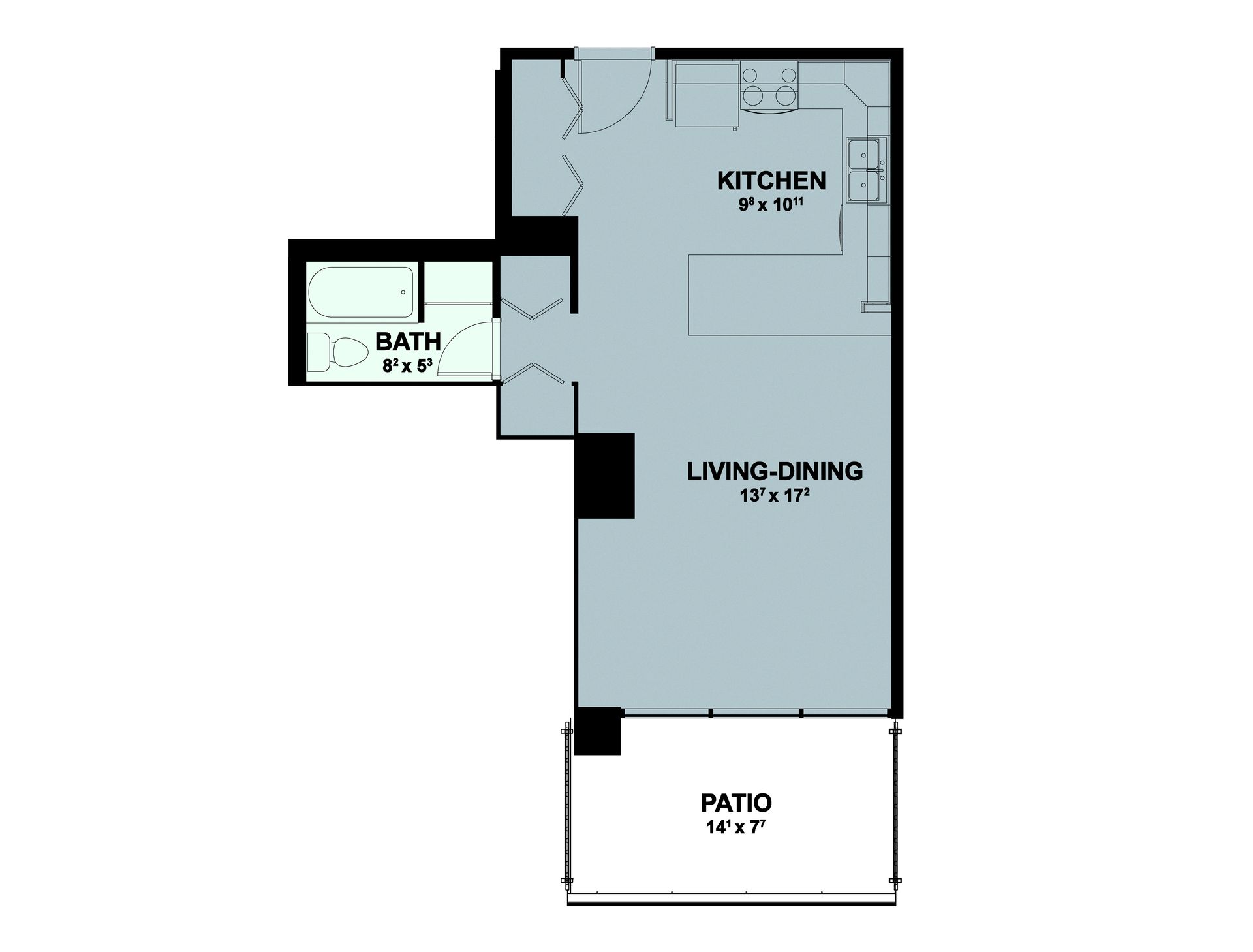 Floor plan of a small apartment with kitchen, living/dining area, bath, and patio.
