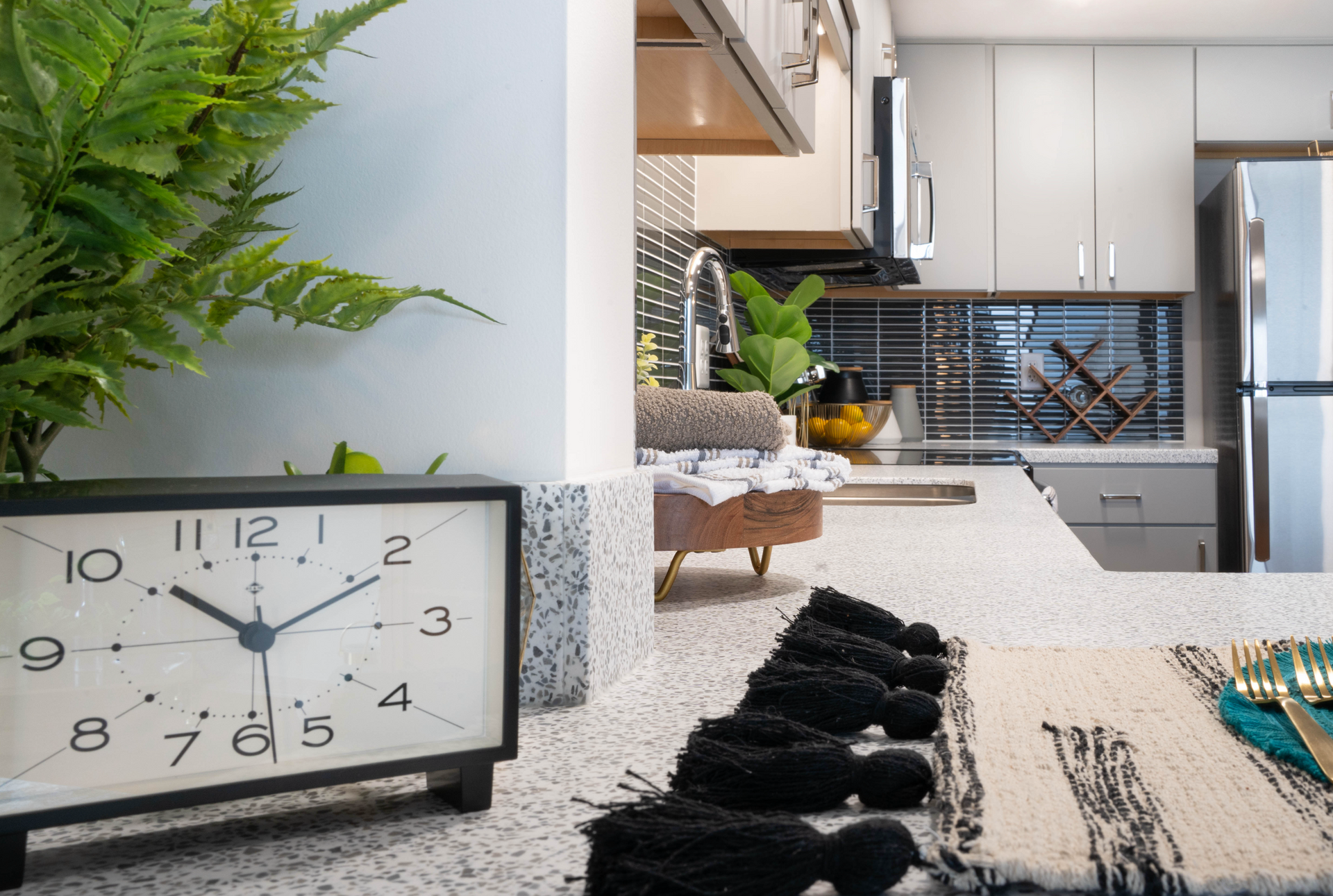 Modern kitchen with clock, plant, and patterned rug in the foreground