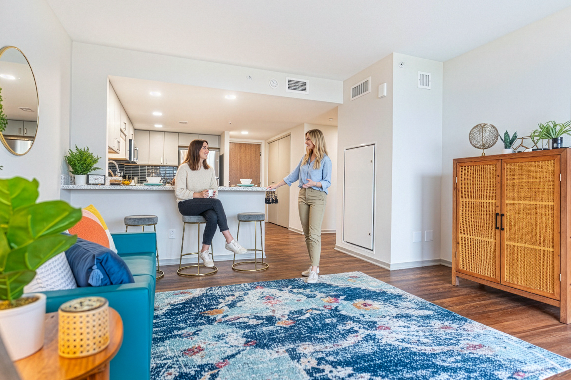 Bright living room with blue rug, wicker cabinet, and two people at a kitchen island