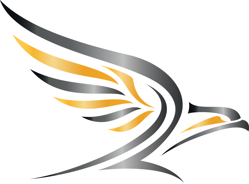 Gestileerd grijs en oranje vogellogo in vlucht op een witte achtergrond.